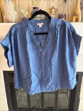 a.n.a Blue V-Neck Short Sleeve Linen Tunic